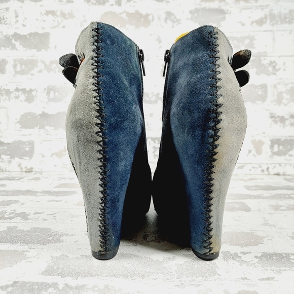 Restricted Blue & Black High Heel Patchwork Wedge Buckle Booties C623 - Picture 6 of 14